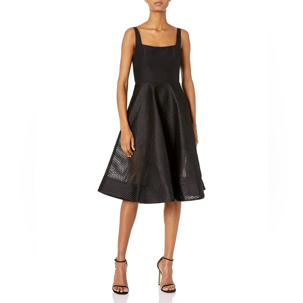 Halston Heritage Sleeveless Wide-Neck Stripe Mesh Cocktail Dress